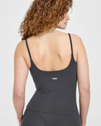SoftMotion™ Strappy Vest with Built in Bra Shelf with White Logo | Coal