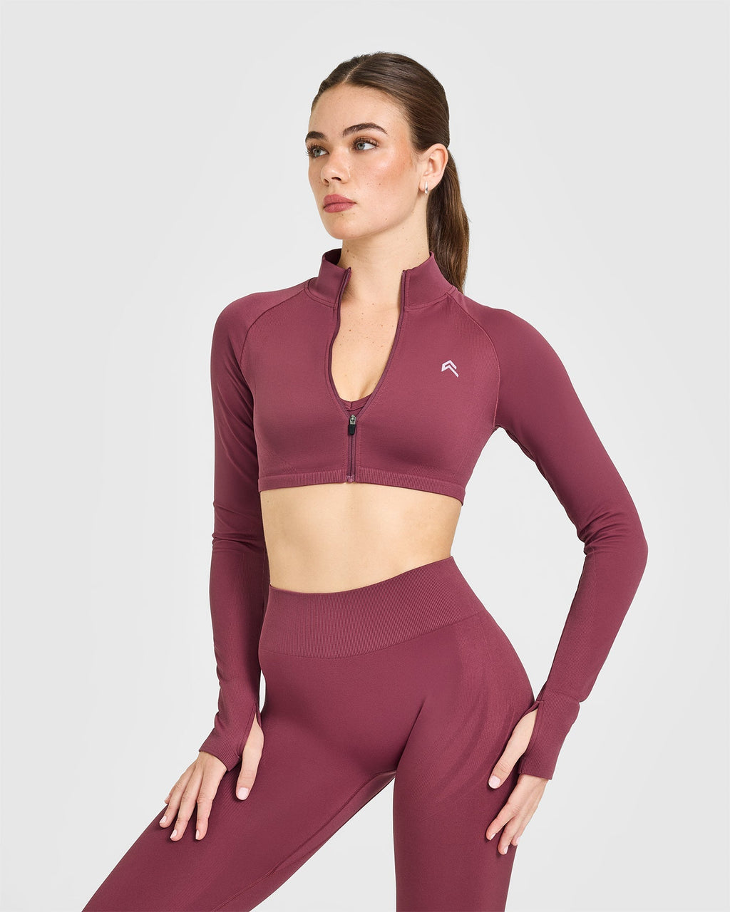 EnhanceLift™ Seamless Crop Jacket with White Logo | Burnt Maroon