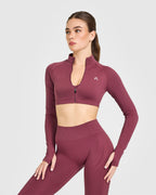 EnhanceLift™ Seamless Crop Jacket with White Logo | Burnt Maroon
