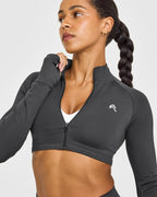EnhanceLift™ Seamless Crop Jacket with White Logo | Coal