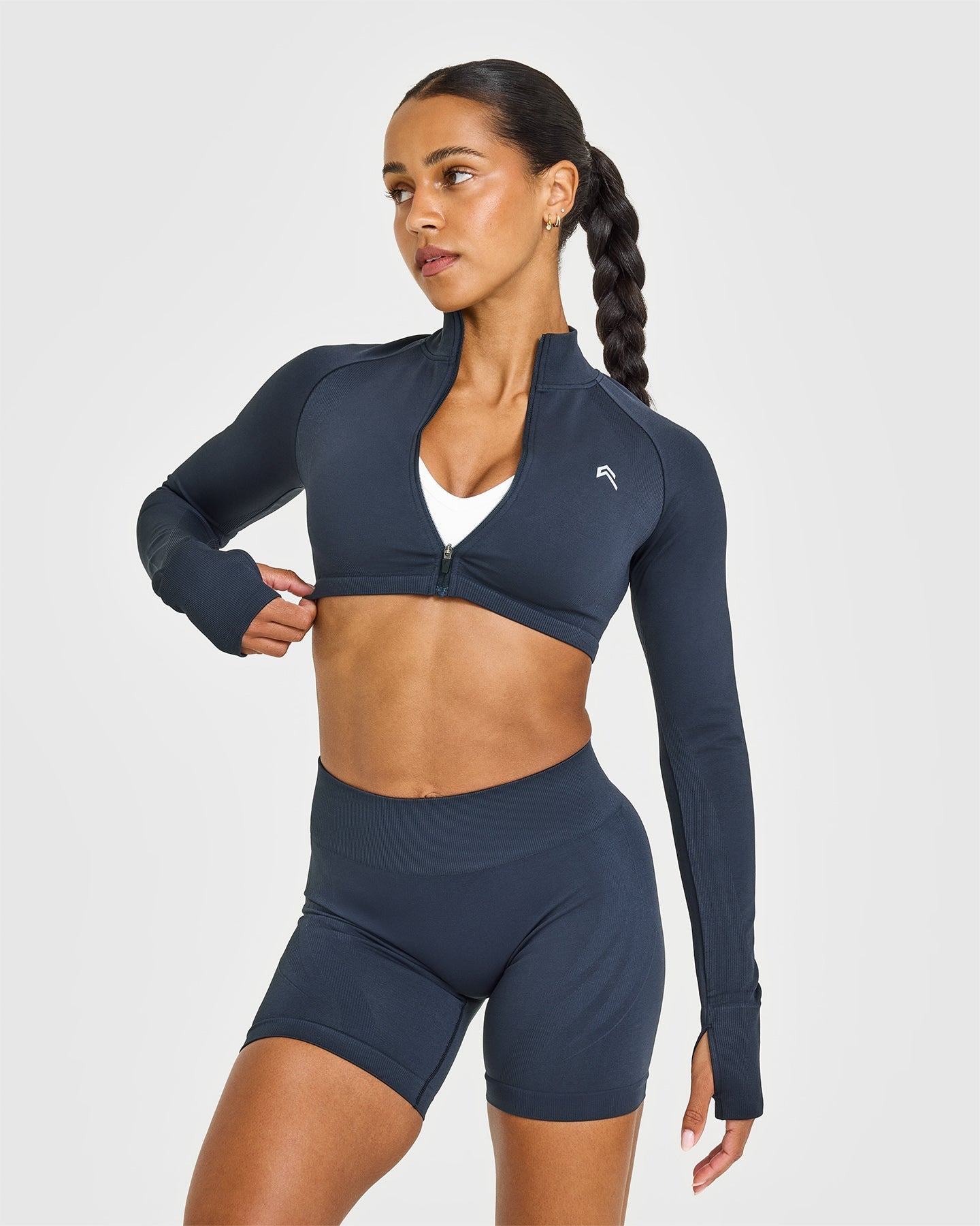 EnhanceLift™ Seamless Crop Jacket with White Logo | True Blue