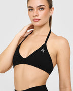 EnhanceLift™ Seamless Minimal Halter Neck Bralette with White Logo | Black