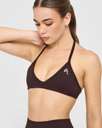 EnhanceLift™ Seamless Minimal Halter Neck Bralette with White Logo | Plum Brown