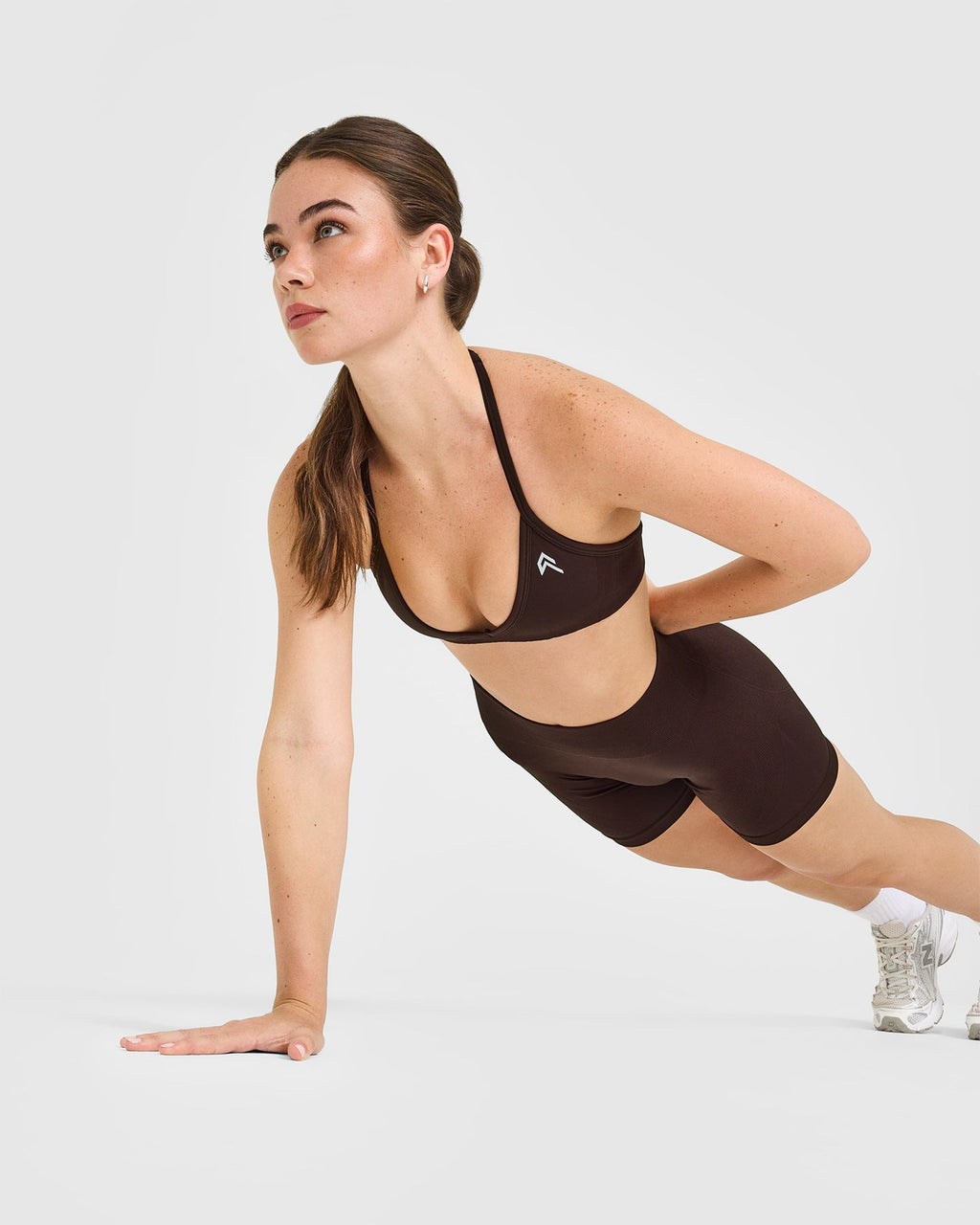 EnhanceLift™ Seamless Minimal Halter Neck Bralette with White Logo | Plum Brown