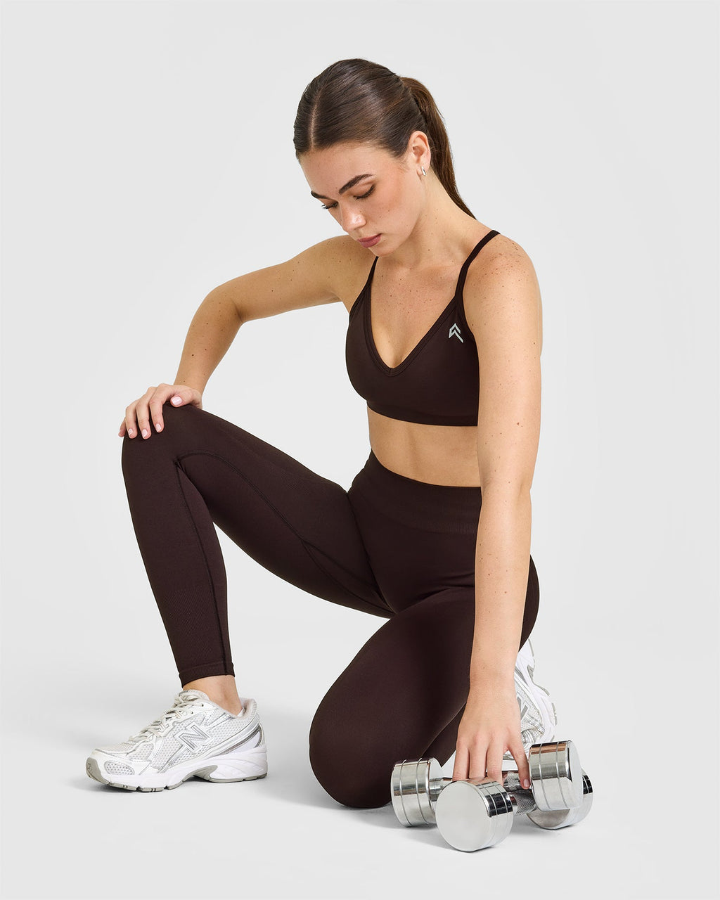 EnhanceLift™ Seamless Strappy Sports Bra with White Logo | Plum Brown