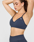 EnhanceLift™ Seamless Strappy Sports Bra with White Logo | True Blue