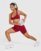 Effortless Seamless Halter Neck Sports Bra with White Logo | Claret Red