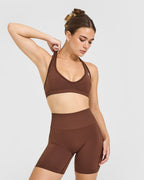 Effortless Seamless Halter Neck Sports Bra with White Logo | Rustic Brown