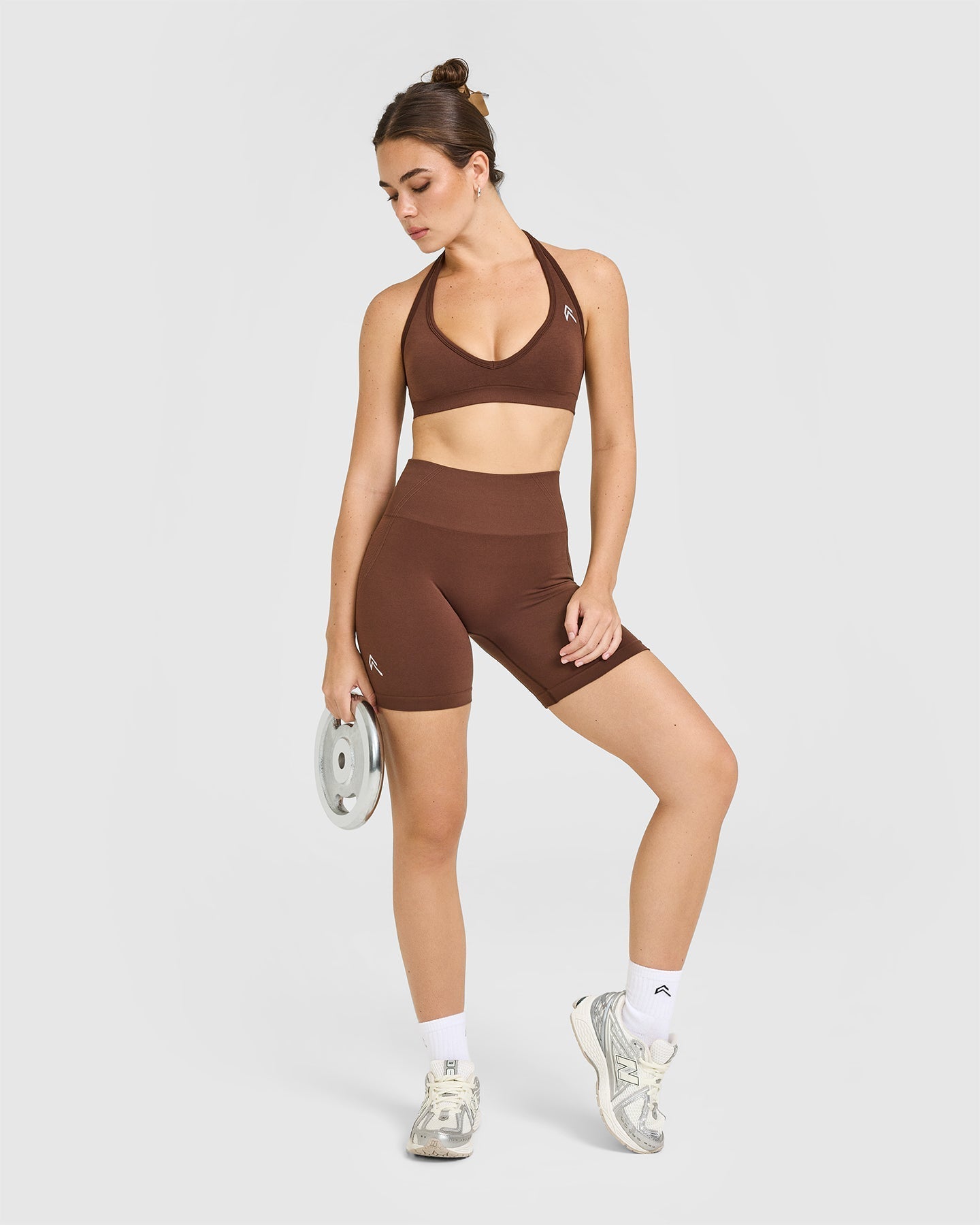 Effortless Seamless Halter Neck Sports Bra with White Logo | Rustic Brown