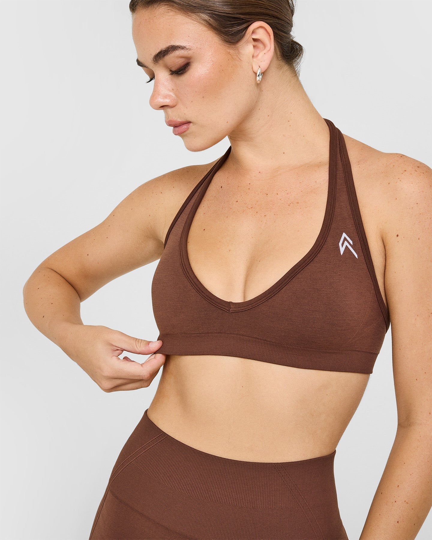 Effortless Seamless Halter Neck Sports Bra with White Logo | Rustic Brown