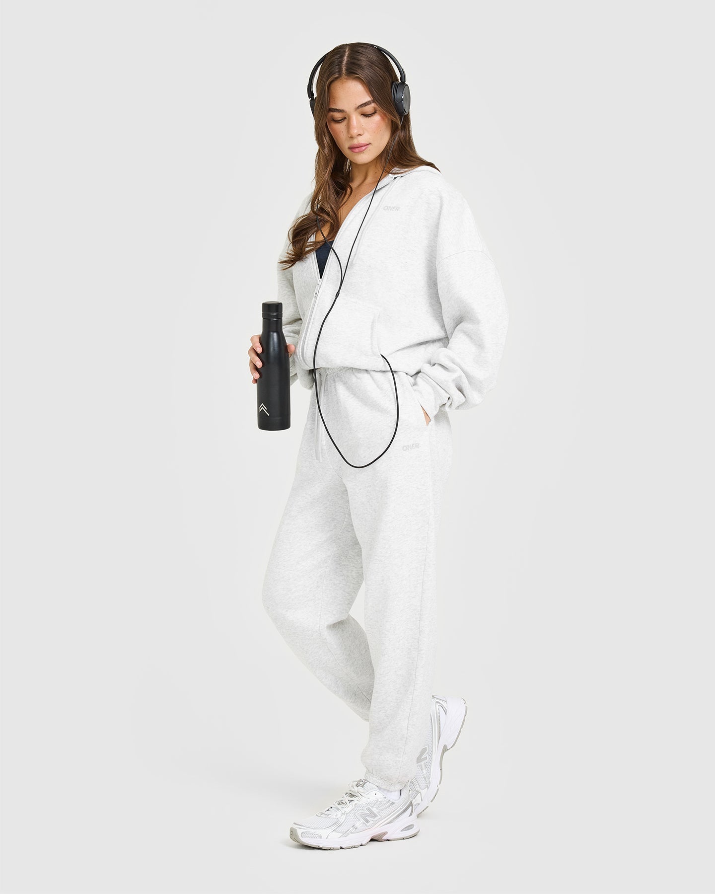 Mid Weight Relaxed Zip Through Hoodie | Light Grey Marl