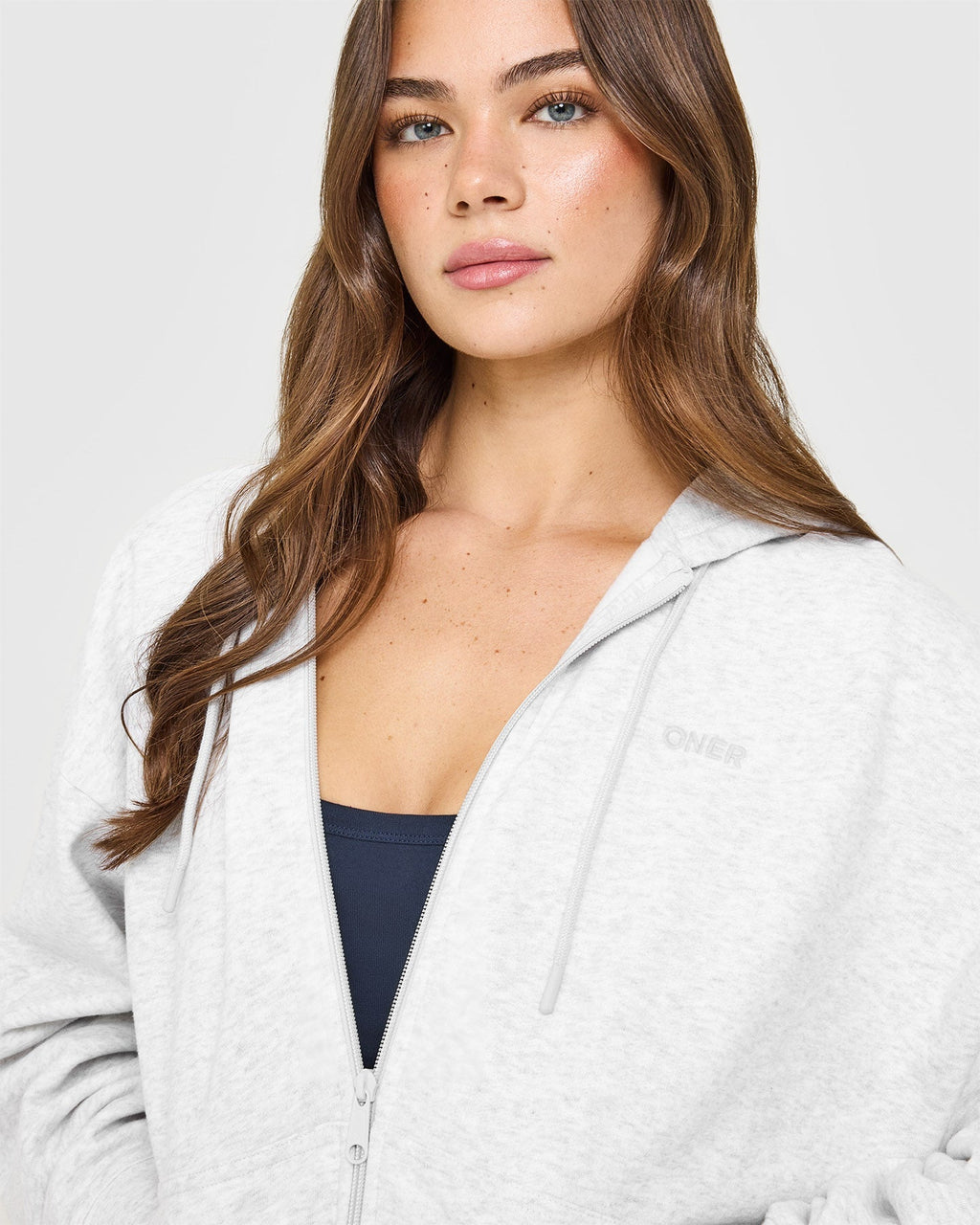 Mid Weight Relaxed Zip Through Hoodie | Light Grey Marl