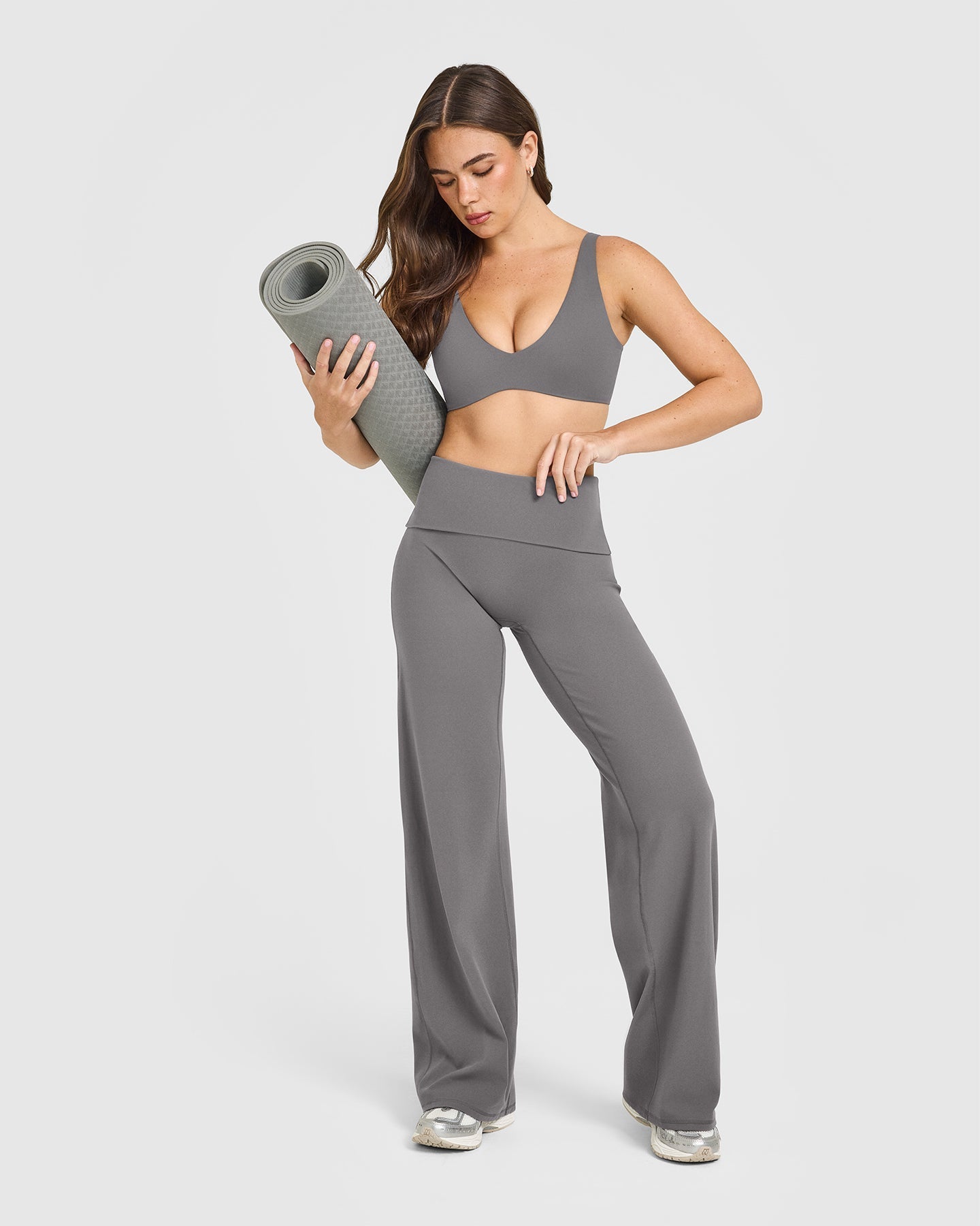 SoftMotion™ Fold Over Straight Leg Bottoms with White Logo | Ash Grey