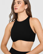 SoftMotion™ High Neck Sports Bra with White Logo | Black