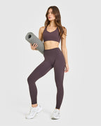 SoftMotion™ High Waisted Leggings with White Logo | Dark Umber Brown
