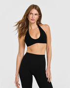 SoftMotion™ Minimal Halter Neck Bralette with White Logo | Black