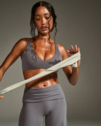 SoftMotion™ Scoop Back Bralette with White Logo | Ash Grey