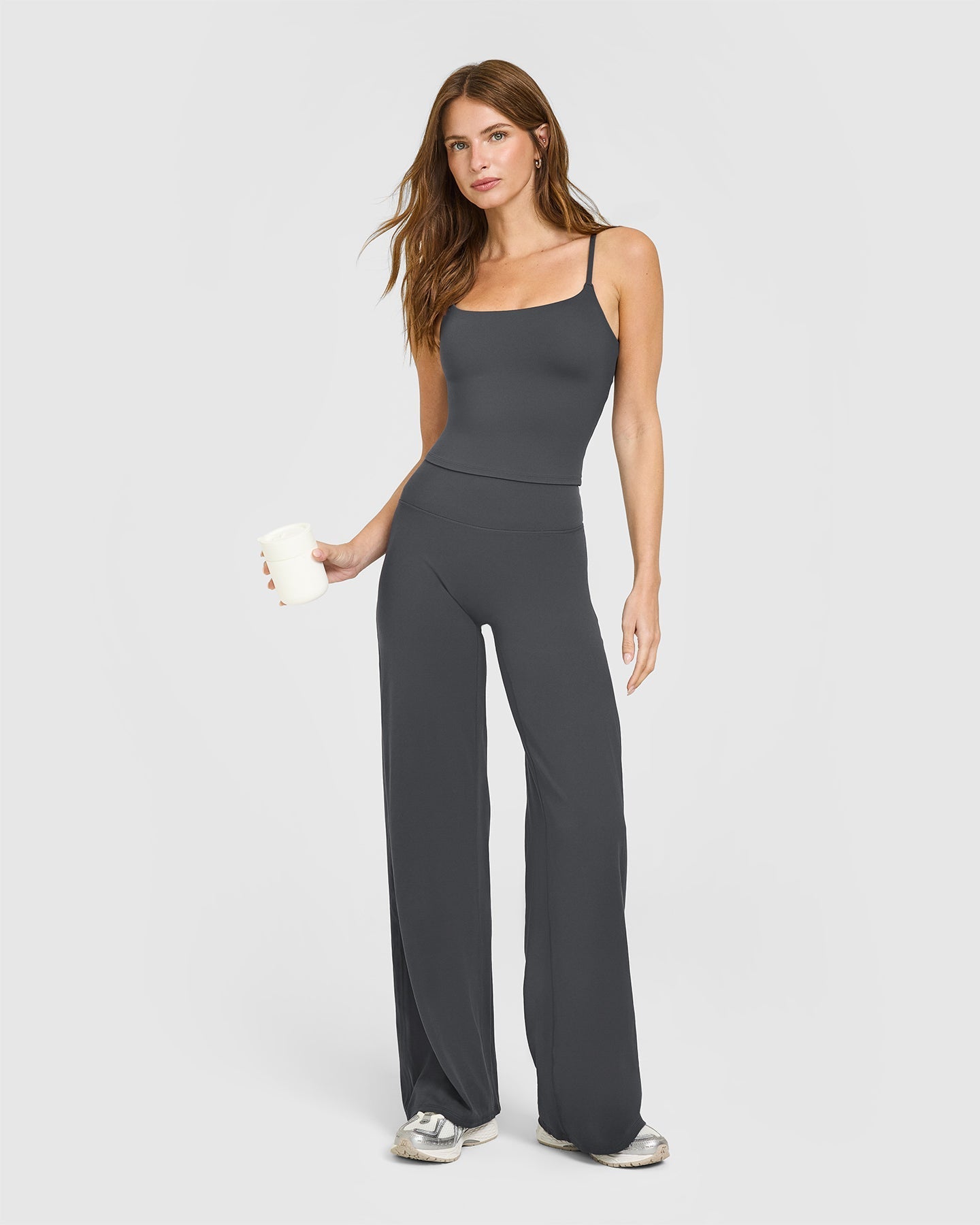 SoftMotion™ Strappy Mid Vest with Built in Bra Shelf with White Logo | Coal