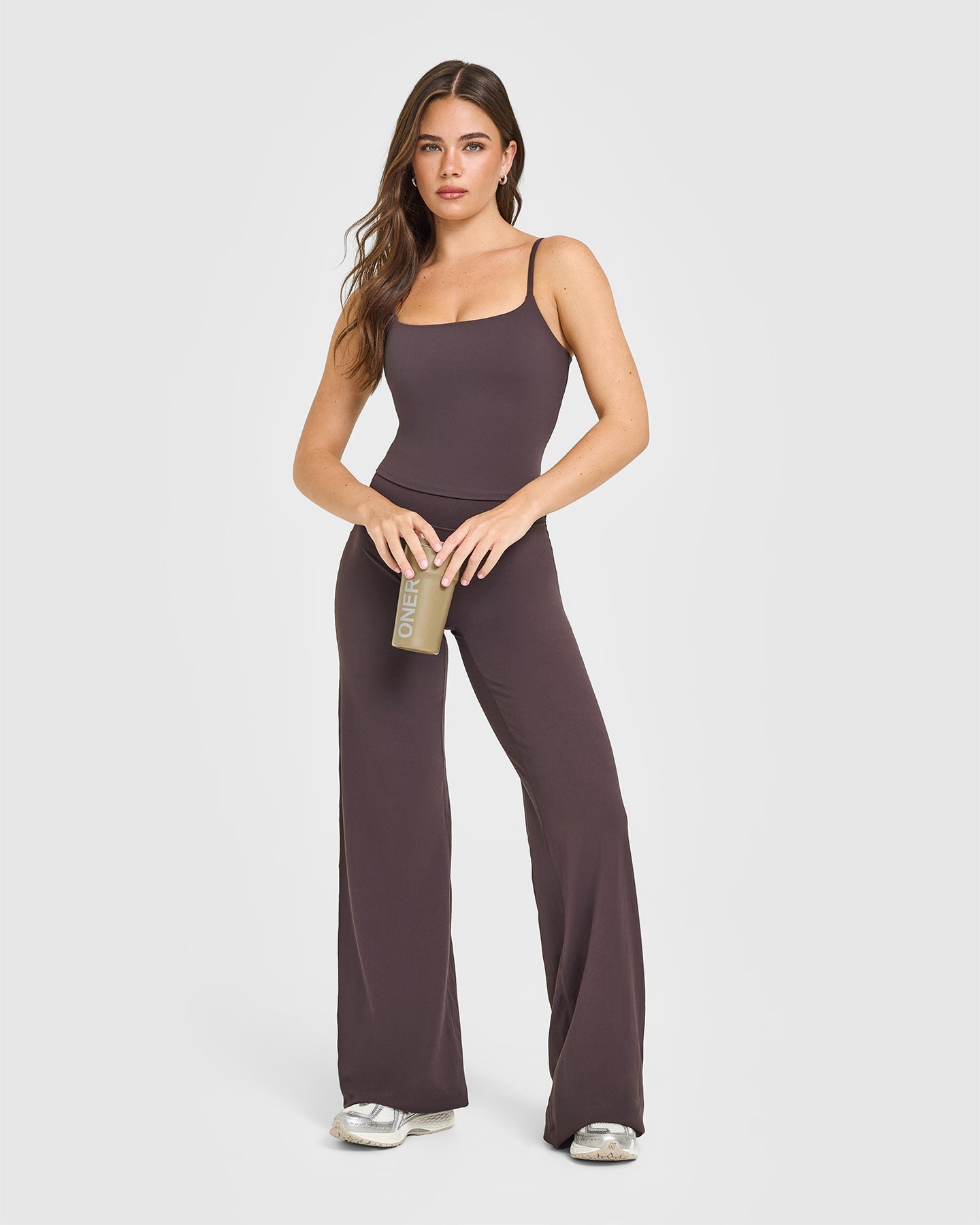 SoftMotion™ Strappy Mid Vest with Built in Bra Shelf with White Logo | Dark Umber Brown