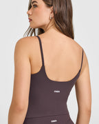 SoftMotion™ Strappy Mid Vest with Built in Bra Shelf with White Logo | Dark Umber Brown