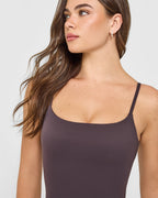 SoftMotion™ Strappy Mid Vest with Built in Bra Shelf with White Logo | Dark Umber Brown