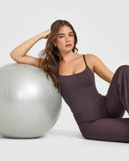 SoftMotion™ Strappy Mid Vest with Built in Bra Shelf with White Logo | Dark Umber Brown