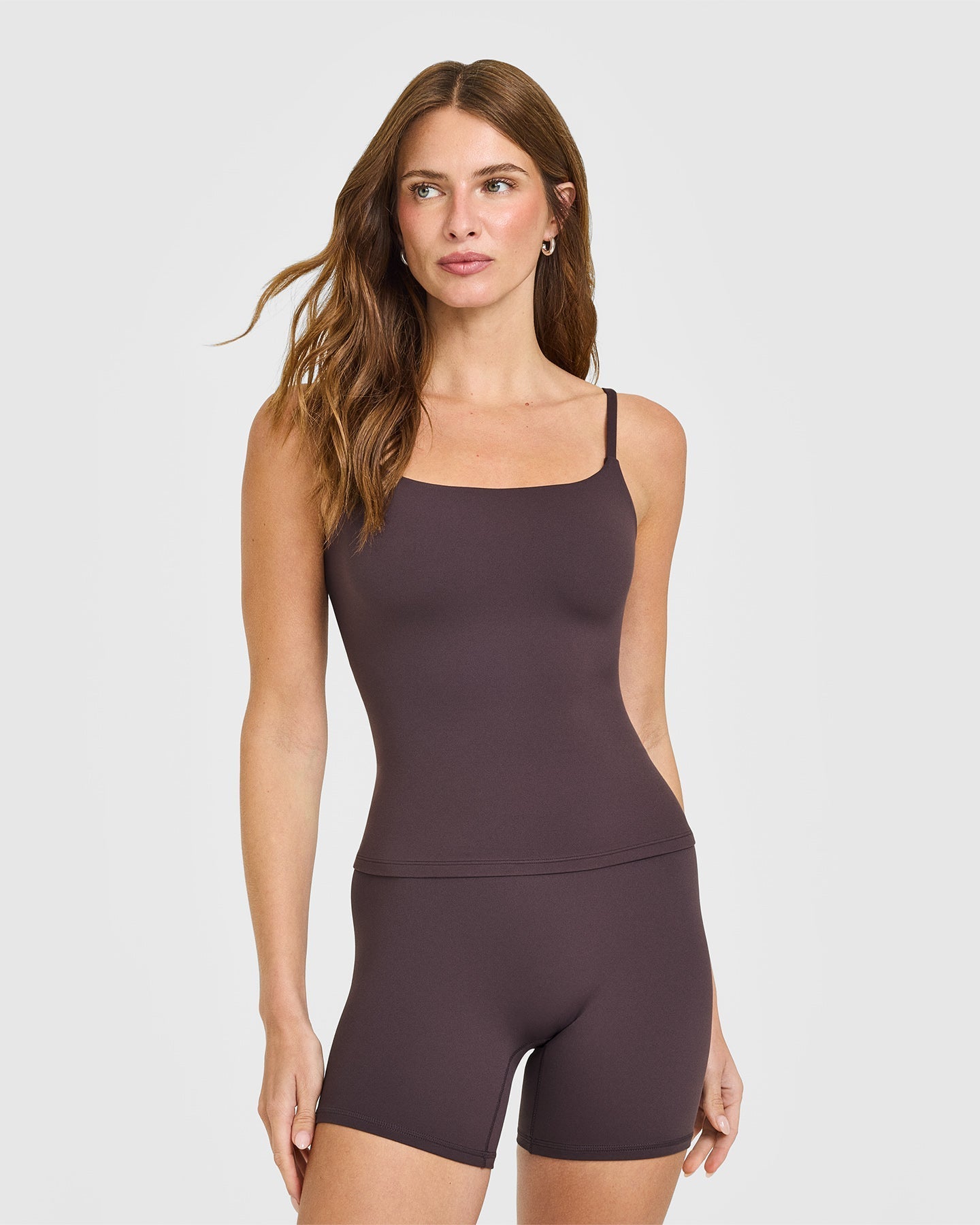SoftMotion™ Strappy Vest with Built in Bra Shelf with White Logo | Dark Umber Brown
