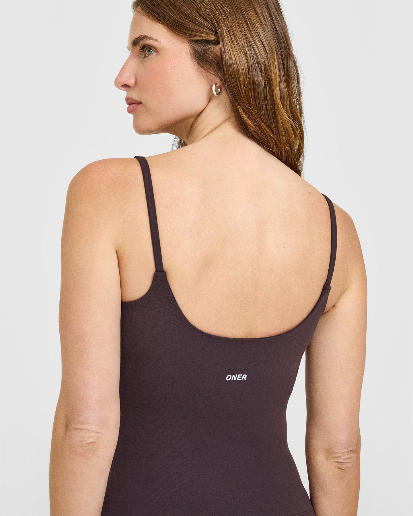 SoftMotion™ Strappy Vest with Built in Bra Shelf with White Logo | Dark Umber Brown