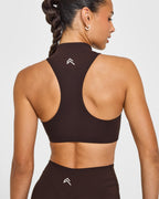 EasyLift™ Zip High Neck Sports Bra with White Logo | 70% Cocoa