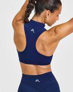 EasyLift™ Zip High Neck Sports Bra with White Logo | Midnight