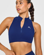 EasyLift™ Zip High Neck Sports Bra with White Logo | Midnight