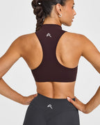 EasyLift™ Zip High Neck Sports Bra with White Logo | Plum Brown