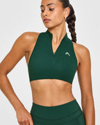 EasyLift™ Zip High Neck Sports Bra with White Logo | Racing Green