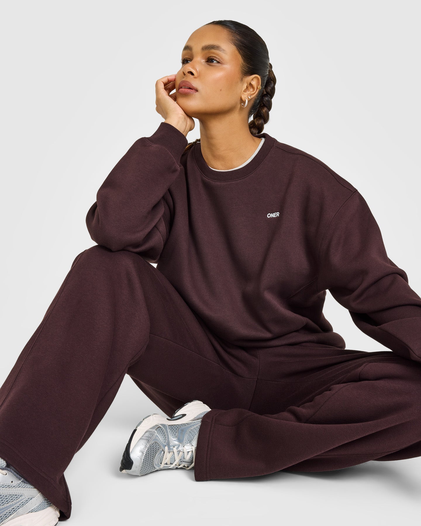 Foundations Crew Neck Sweatshirt with Grey Logo | Plum Brown