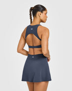 SoftMotion™ High Neck Sports Bra with White Logo | True Blue