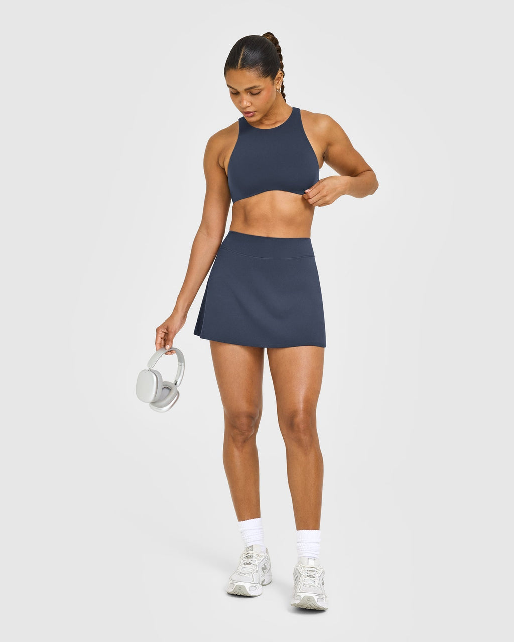 SoftMotion™ High Neck Sports Bra with White Logo | True Blue