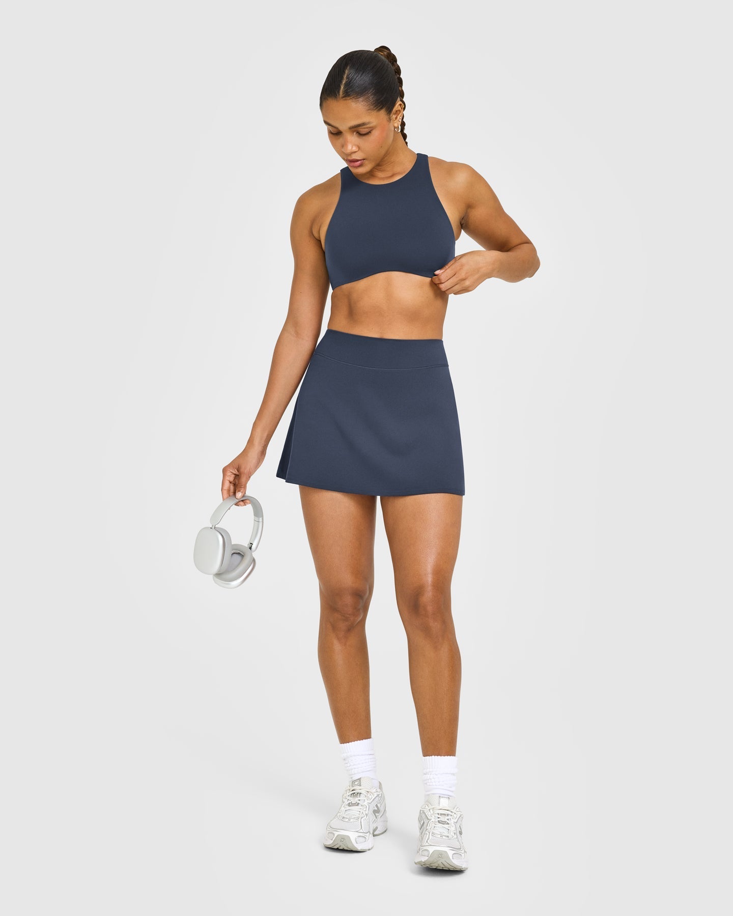 SoftMotion™ High Neck Sports Bra with White Logo | True Blue