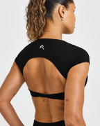 Unified Twist Front Short Sleeve Crop Top White Logo | Black