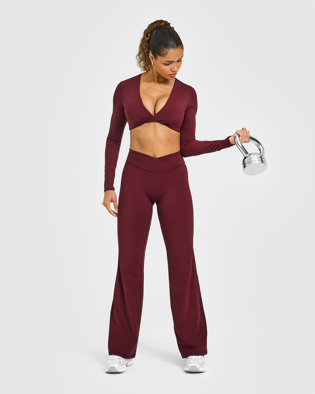 Unified Twist Front Long Sleeve Crop Top White Logo | Rosewood