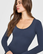 SoftMotion™ Scoop Neck Long Sleeve Top with Built in Bra Shelf with White Logo | True Blue