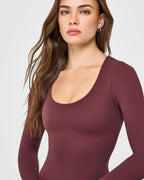 SoftMotion™ Scoop Neck Long Sleeve Top with Built in Bra Shelf with White Logo | Velvet Mocha