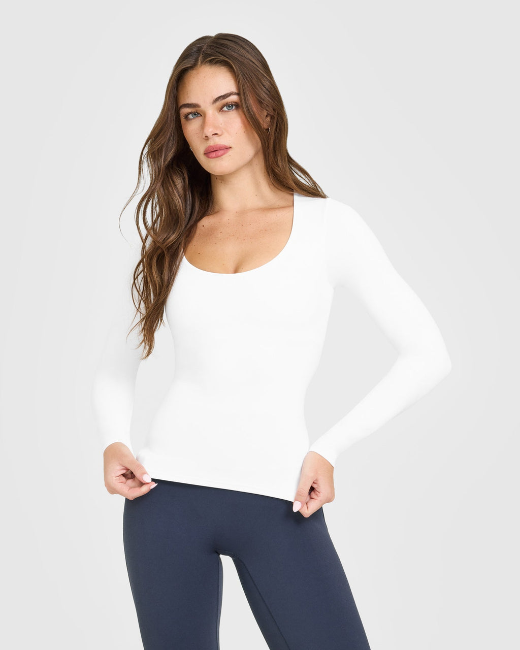 SoftMotion™ Scoop Neck Long Sleeve Top with Built in Bra Shelf | White