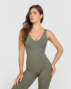 SoftMotion™ Scoop Back Flared All In One Long with White Logo | Alpine Green