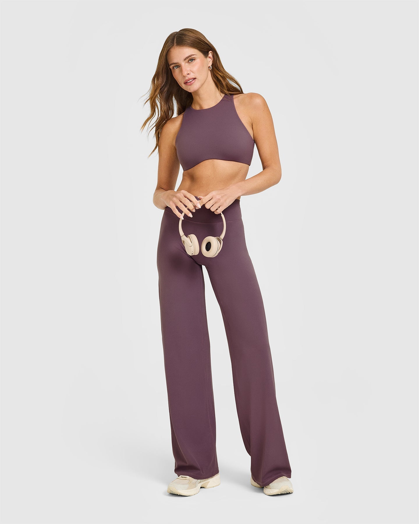 SoftMotion™ High Neck Sports Bra with White Logo | Vintage Purple