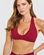 SoftMotion™ Minimal Halter Neck Bralette with White Logo | Ruby Red