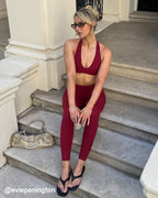 SoftMotion™ Minimal Halter Neck Bralette with White Logo | Ruby Red