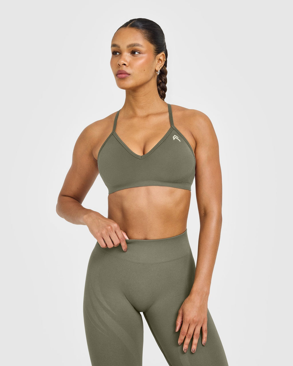EnhanceLift™ Seamless Strappy Sports Bra with White Logo | Alpine Green