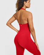 SoftMotion™ Halter Neck All In One Long with White Logo | Light Toasted Red