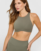 SoftMotion™ High Neck Sports Bra with White Logo | Alpine Green