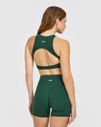 SoftMotion™ High Neck Sports Bra with White Logo | Dark Racing Green